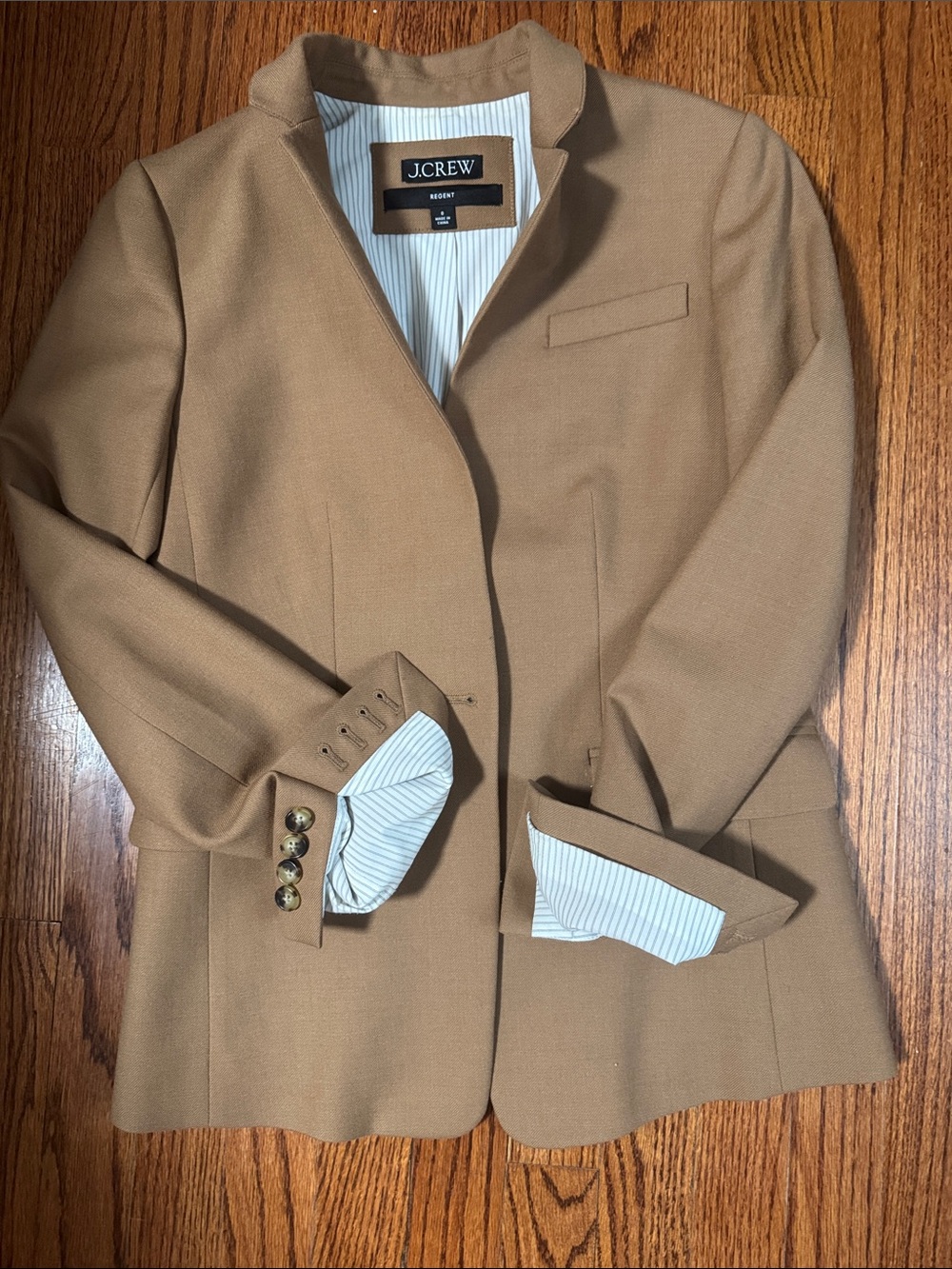 J. Crew Tan Collarless Wool-Blend Blazer with Stripe Cuffs